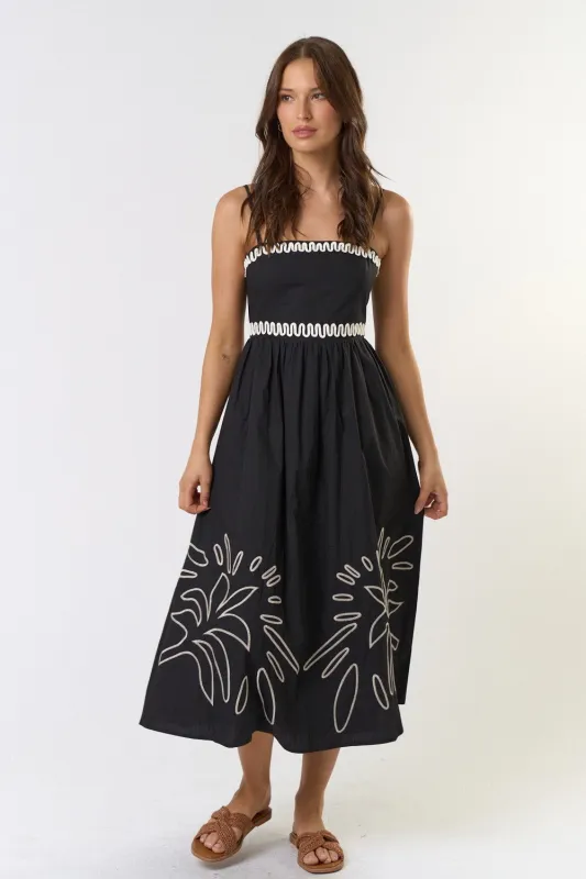 The Arabella Black Embroidered Midi Dress sold by Thread & Seed
