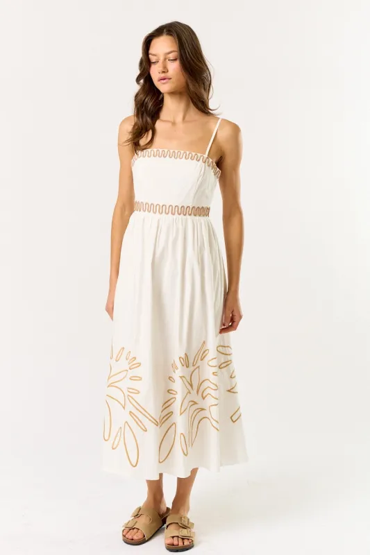 The Arabella Off White Embroidered Midi Dress sold by Thread & Seed