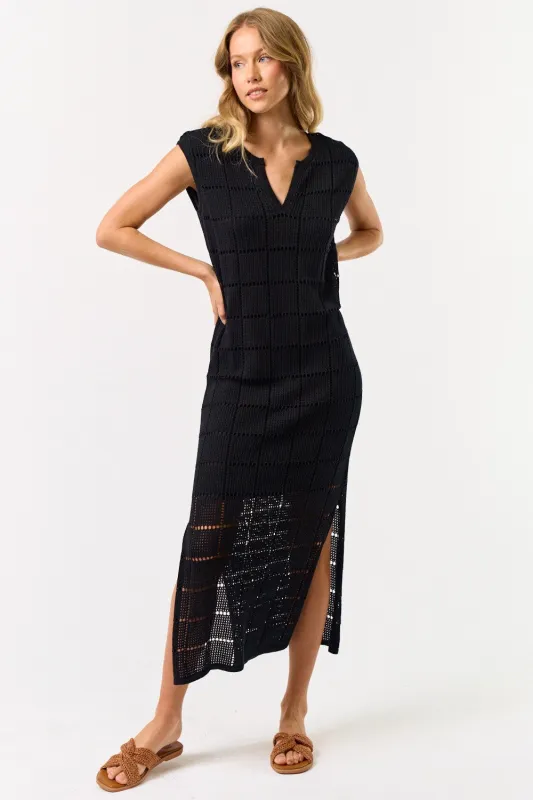 The Victoria Black Knit Overlay Midi Dress sold by Thread & Seed