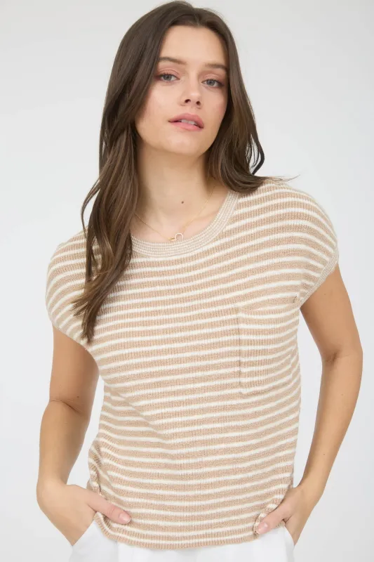 The Kloey Khaki Stripe Pocket Top sold by Thread & Seed
