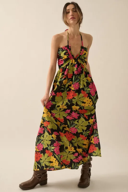 The Meadow Floral Halter Maxi Dress sold by Thread & Seed