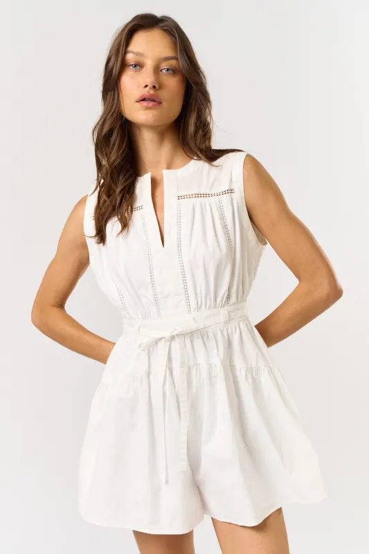 The Regan Off White Waist Tie Romper sold by Thread & Seed