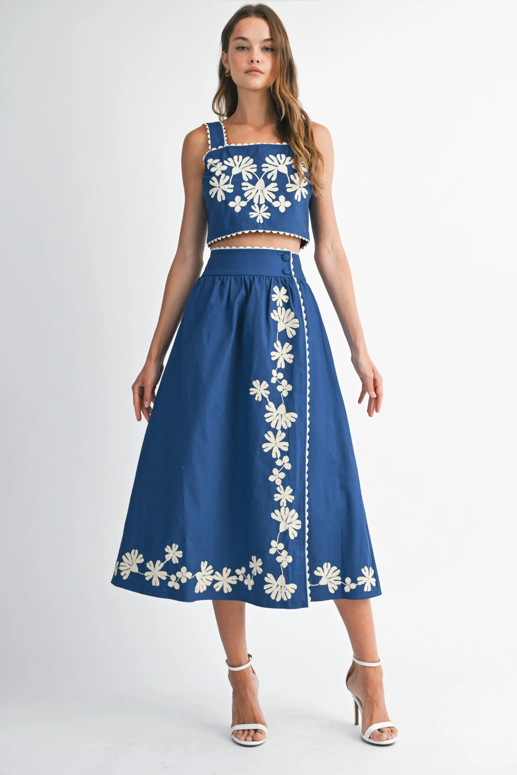 The Amina Embroidered Crop Top + Midi Skirt Set - Sold Separately sold by Thread & Seed