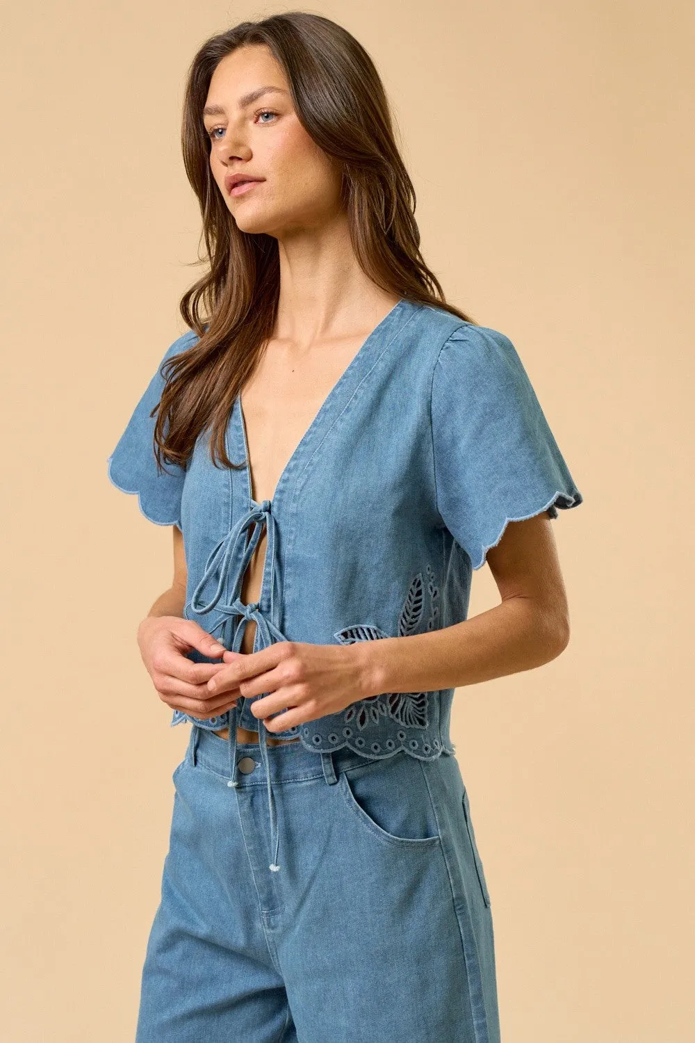 The Mariella Floral Embroidery Denim Top + Pants Set - Sold Separately sold by Thread & Seed product image thumbnail 4