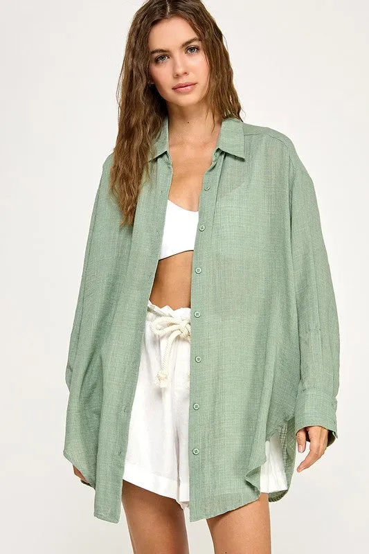 The Christa Olive Oversized Buttondown Top sold by Thread & Seed