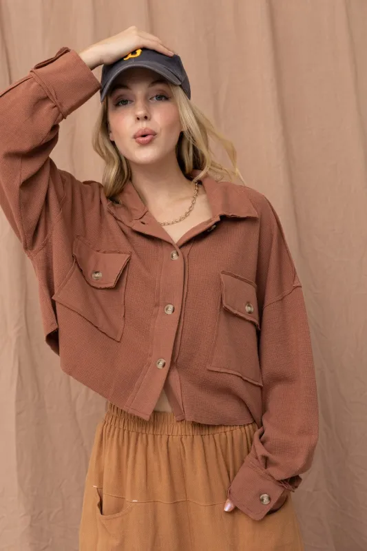 The Jenna Cinnamon Textured Cropped Shacket sold by Thread & Seed