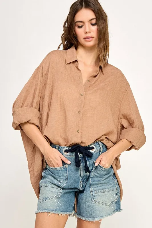 The Christa Toast Oversized Buttondown Top sold by Thread & Seed