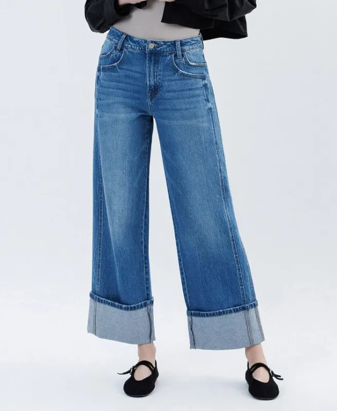The Kris Dark Denim Cuffed Wide Leg Jeans sold by Thread & Seed