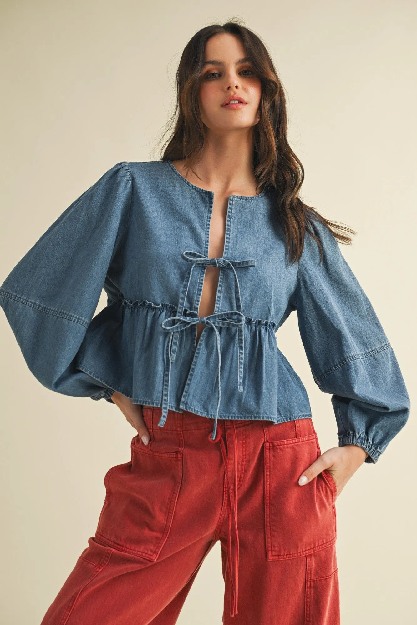 The Marisa Front Tie Denim Top sold by Thread & Seed