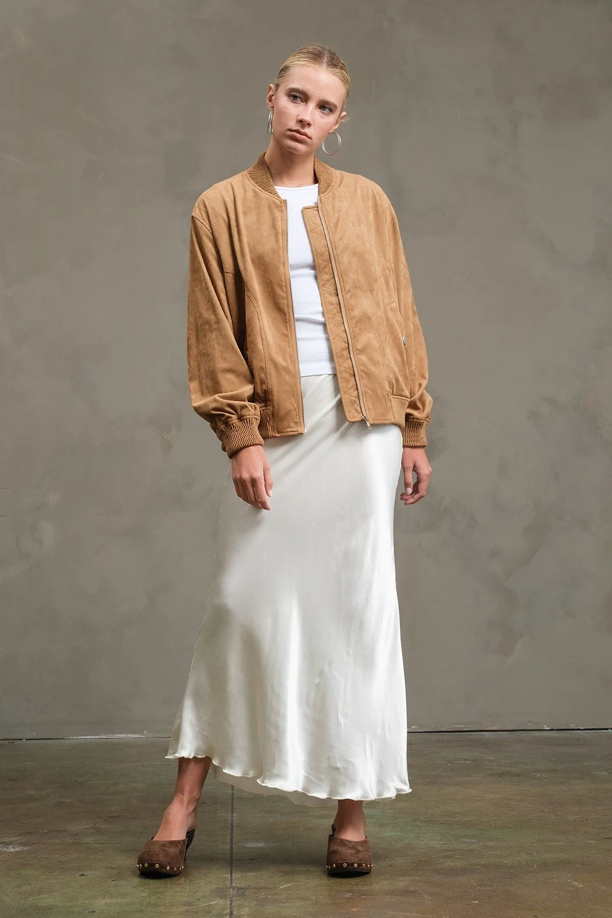 The Emelie Satin Midi Skirt sold by Thread & Seed