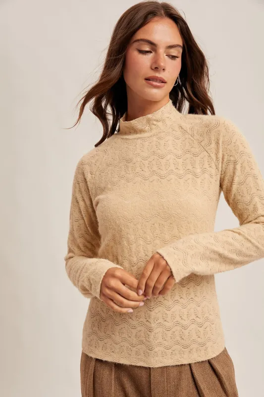 The Lila Beige Brushed Lace Mock Neck Top made by Thread & Seed