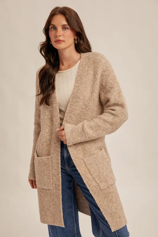 The Audrey Mocha Boucle Cardigan sold by Thread & Seed