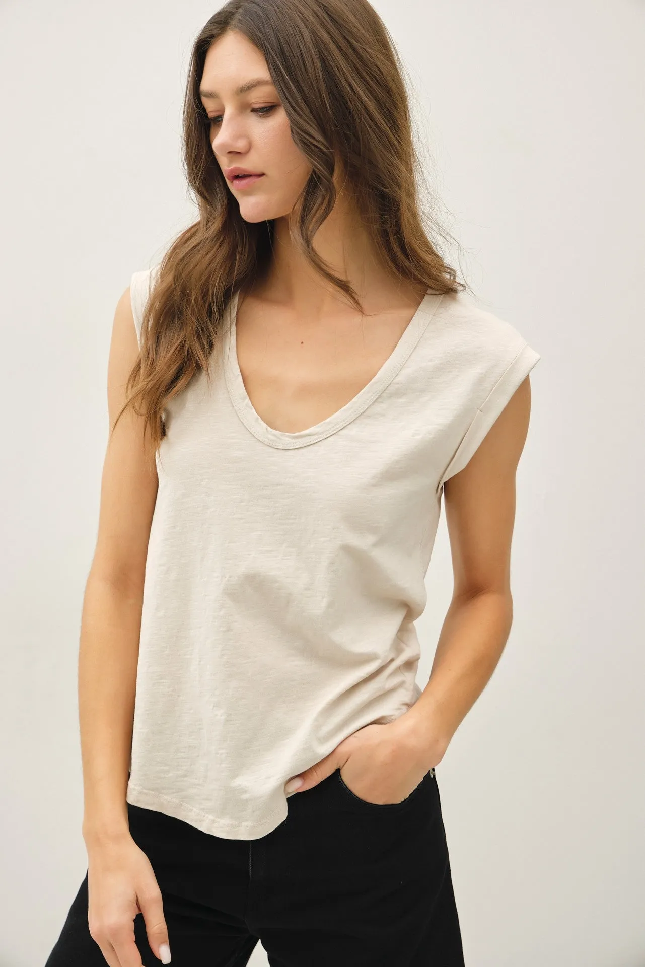 The Sara Stone Cap Sleeve Top sold by Thread & Seed