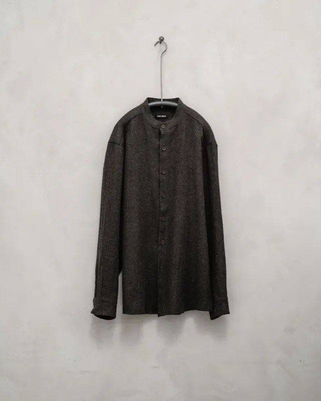 Band Collar Shirt - Brushed Linen/Wool Twill, Dark Brown sold by Evan Kinori Mens