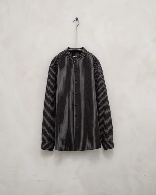 Band Collar Shirt - Double Stripe Cotton, Navy/Brown sold by Evan Kinori Mens