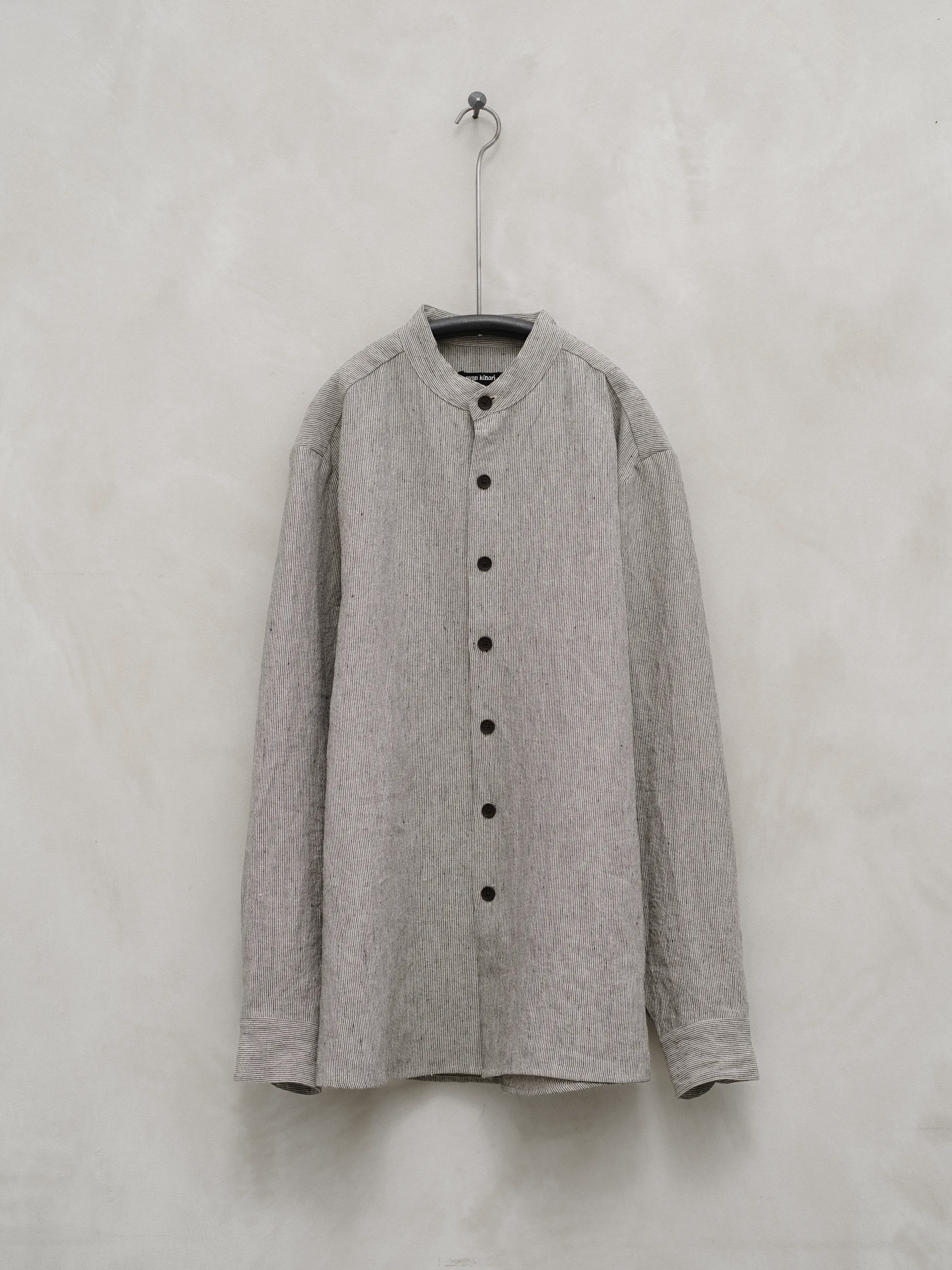 Band Collar Shirt - Tumbled Linen Stripe sold by Evan Kinori Mens