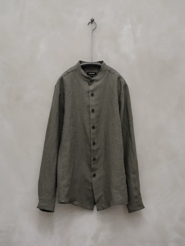 Band Collar Shirt - Tumbled Linen, Olive sold by Evan Kinori Mens