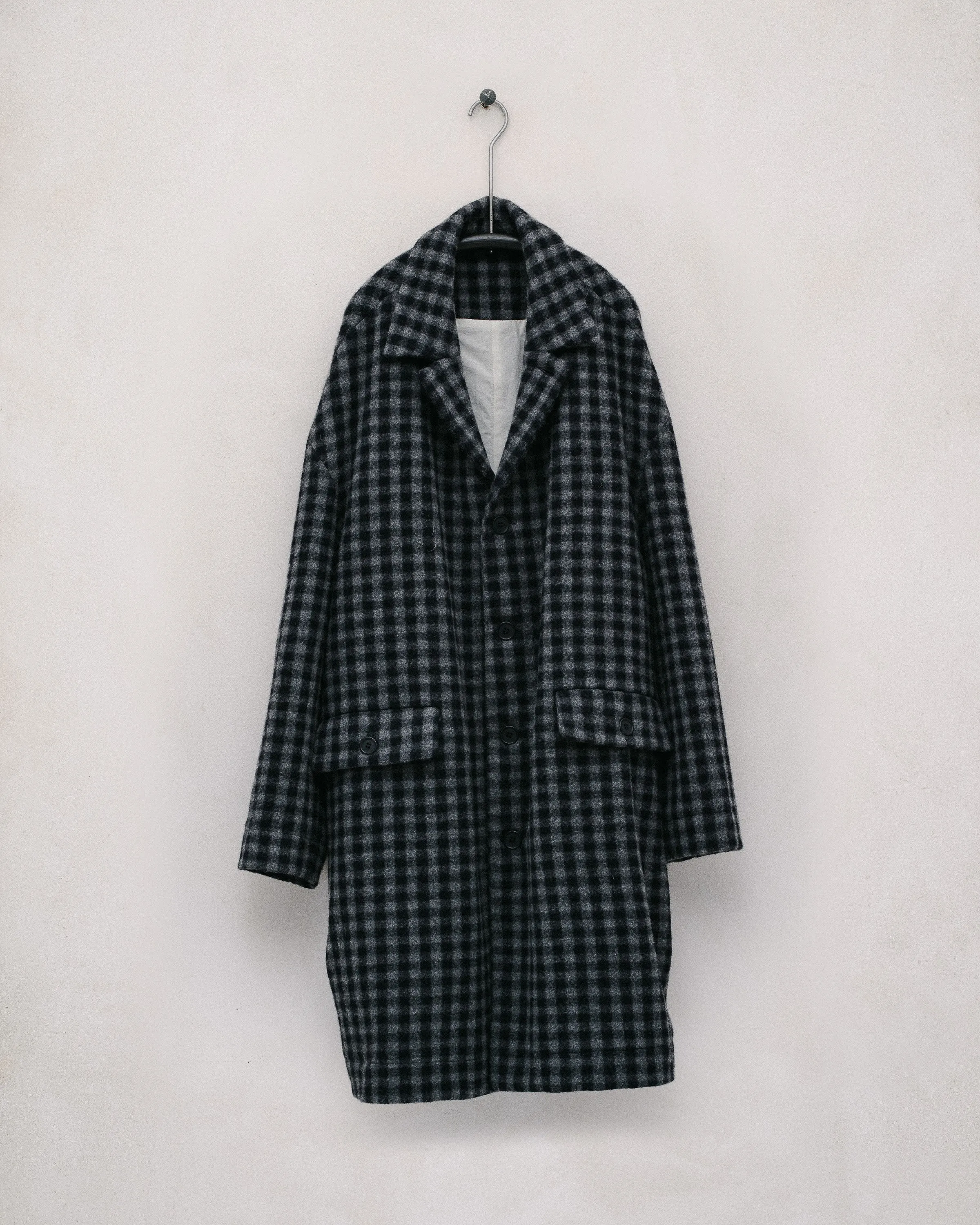 Big Coat - Brushed Wool/Cashmere Check, Navy/Grey sold by Evan Kinori Mens