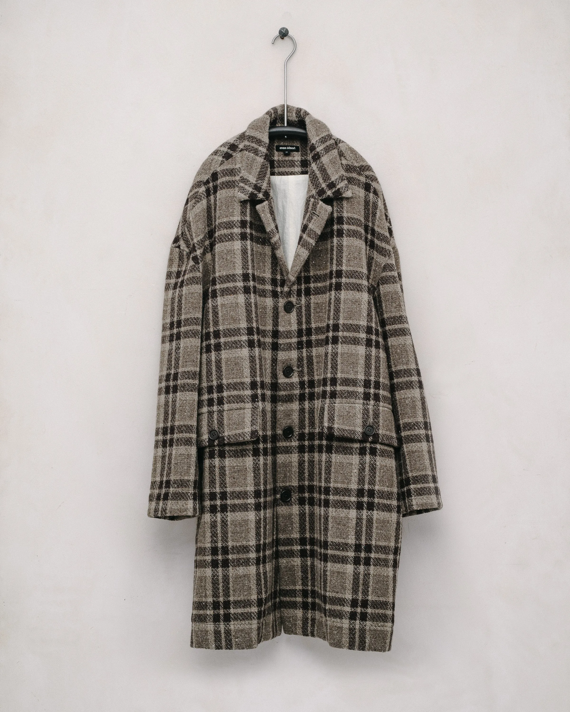 Big Coat - Yarn Dyed Wool Check, Beige/Brown sold by Evan Kinori Mens
