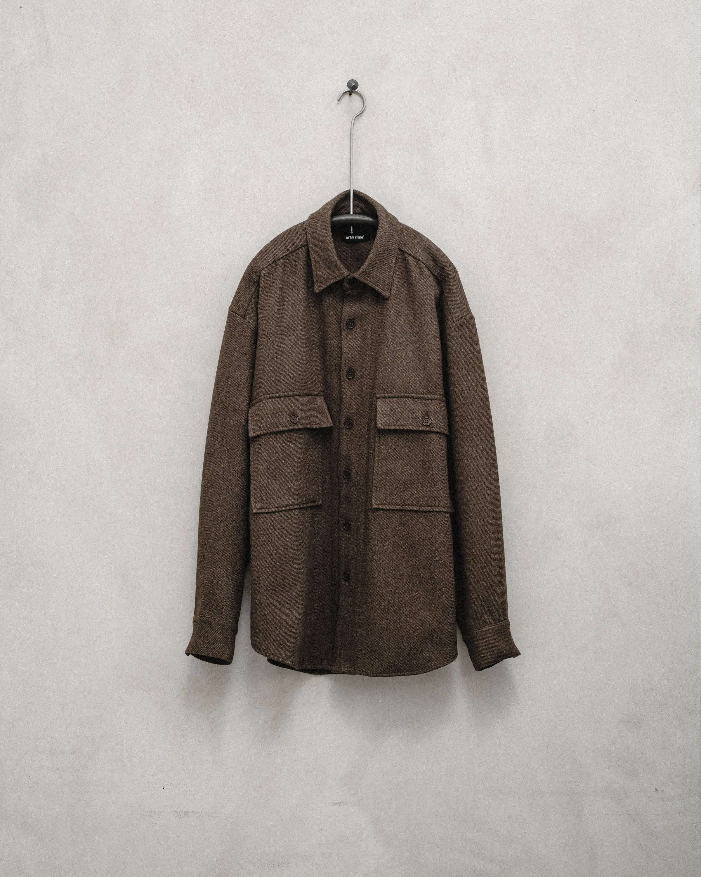 Big Shirt - Yarn Dyed Wool/Cotton Twill, Olive Melange sold by Evan Kinori Mens