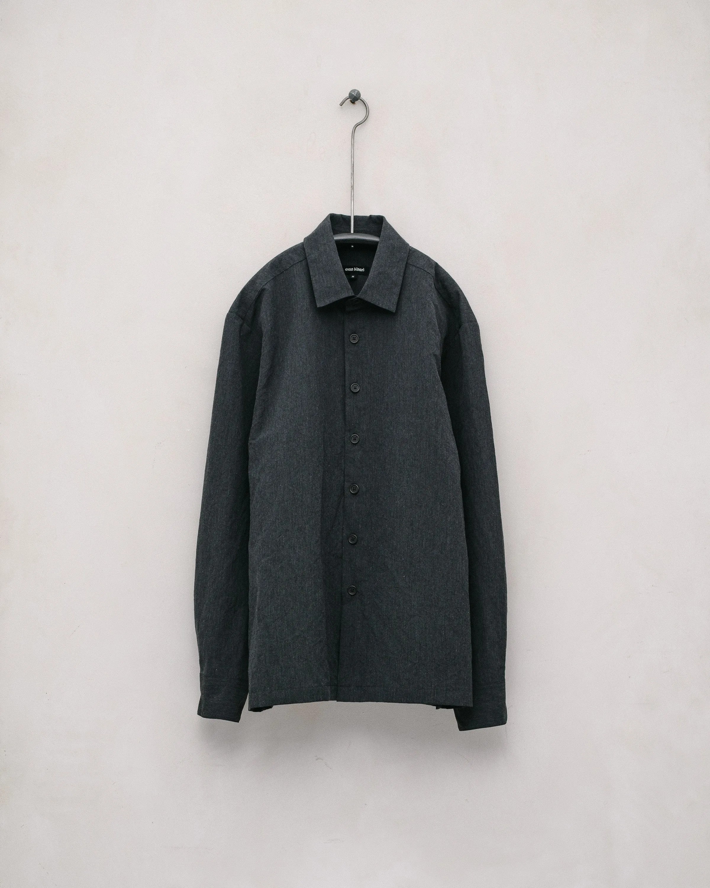 Flat Hem Shirt - Tonal Cotton/Linen Stripe, Charcoal sold by Evan Kinori Mens