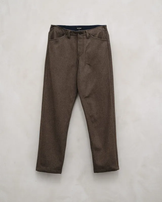 Four Pocket Pant - Yarn Dyed Wool/Cotton Twill, Olive Melange sold by Evan Kinori Mens