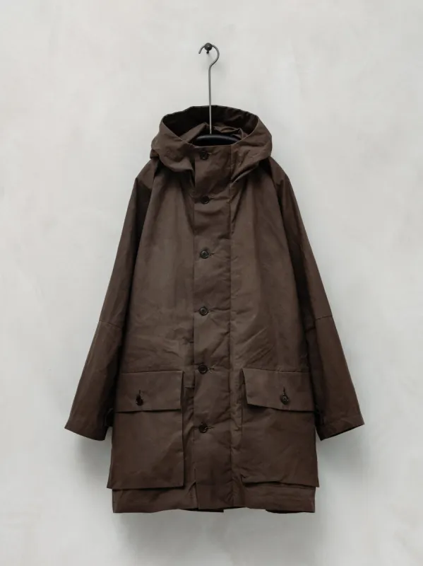 Hooded Coat - Dry Waxed Cotton, Dark Brown sold by Evan Kinori Mens