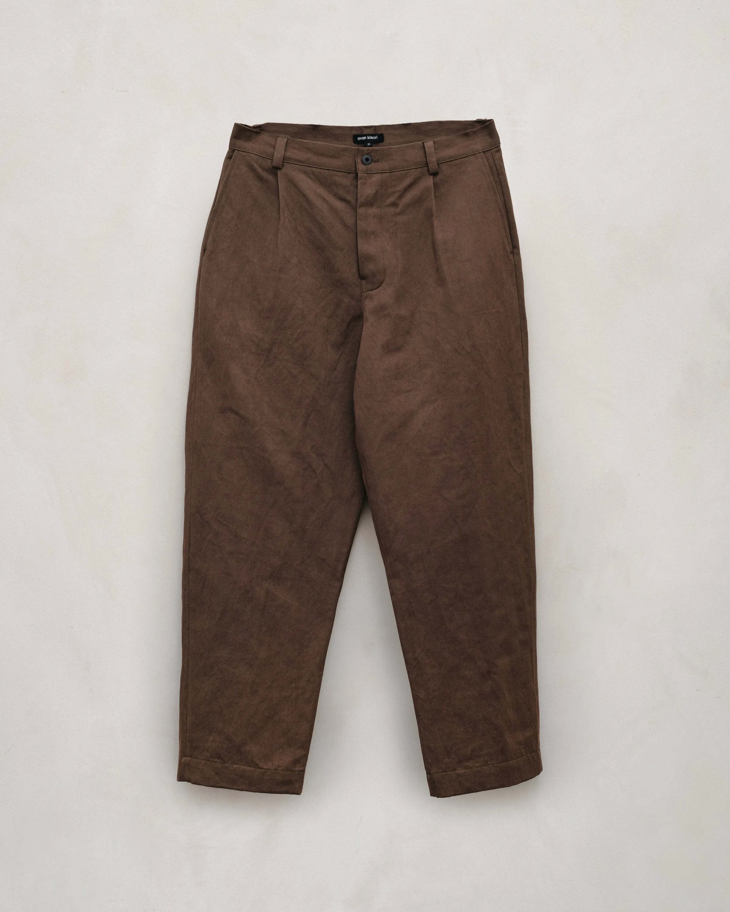 Single Pleat Pant - Logwood Washi/Cotton Twill, Natural Dye Brown sold by Evan Kinori Mens