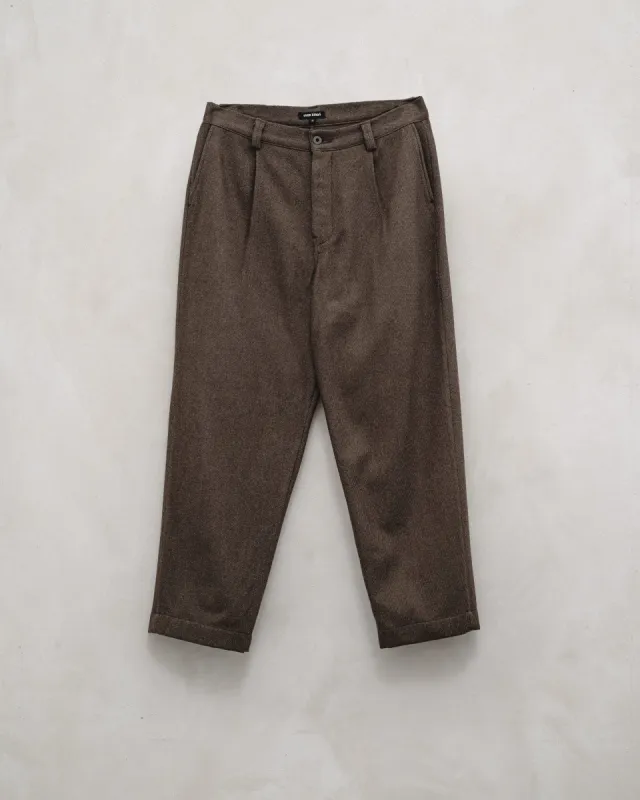 Single Pleat Pant - Yarn Dyed Wool/Cotton Twill, Olive Melange sold by Evan Kinori Mens