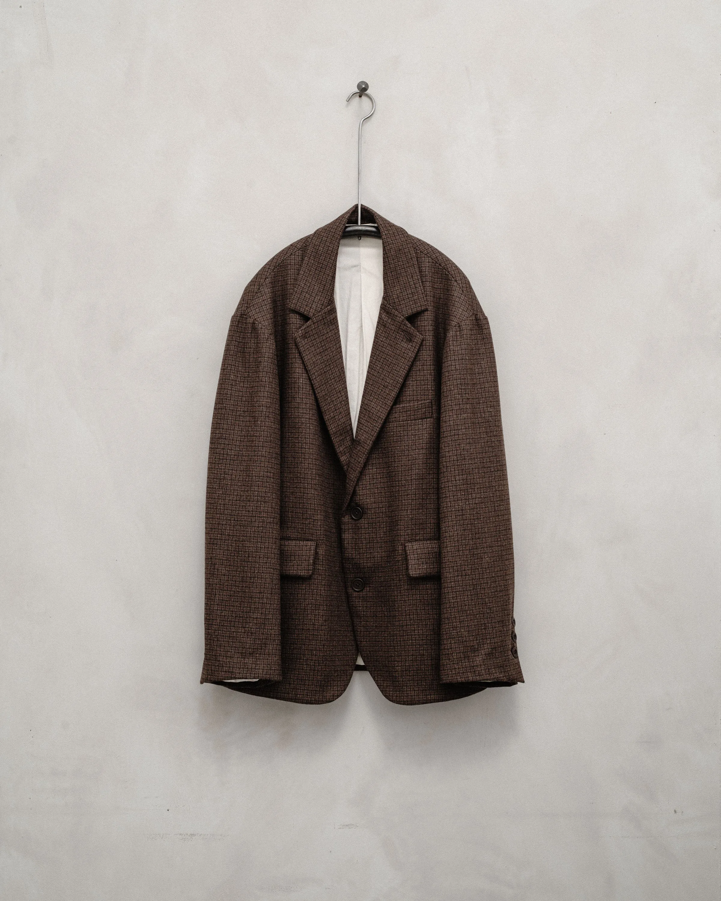 Three Button Jacket - Fox Superfine Merino Check, Rust/Dark Brown sold by Evan Kinori Mens