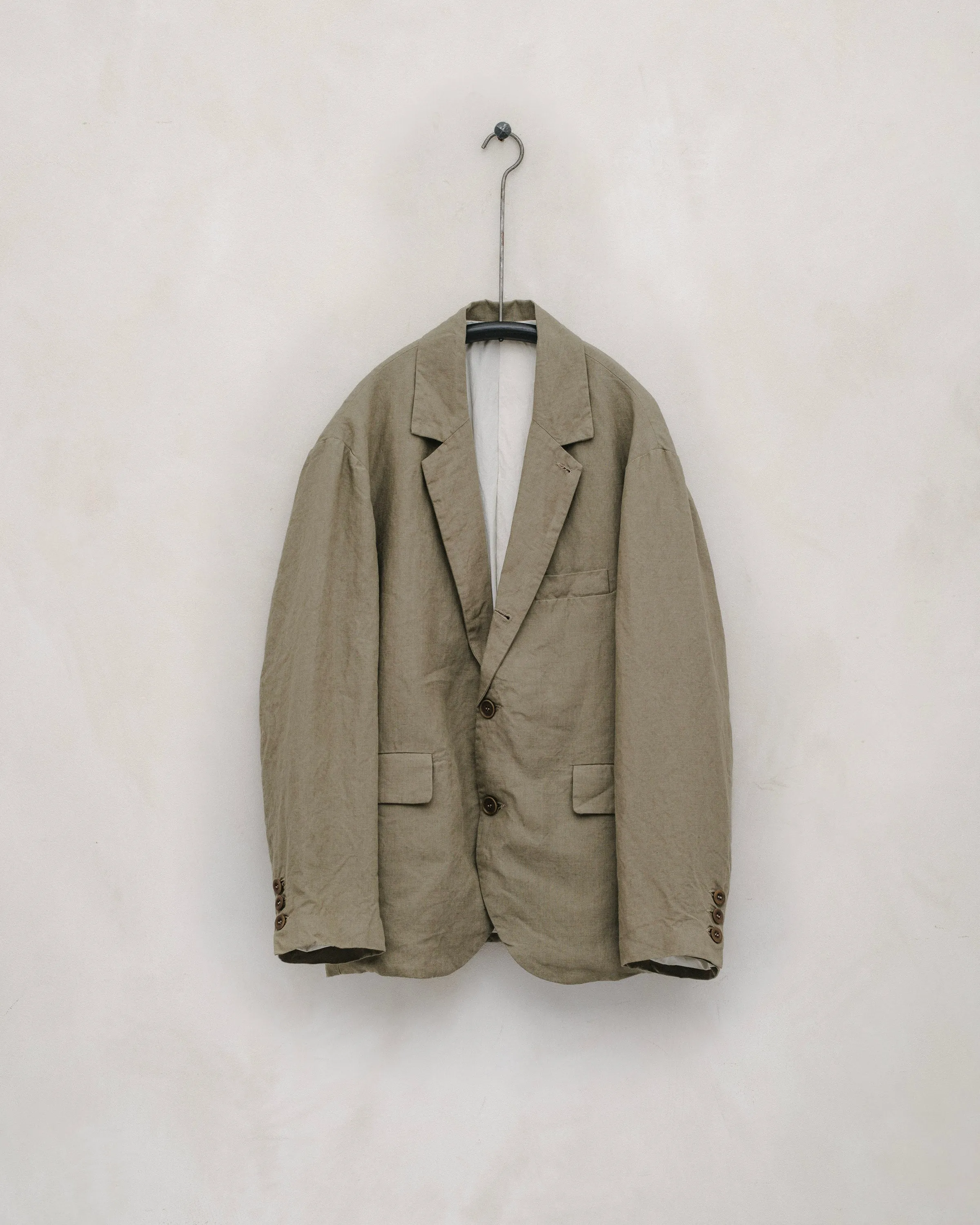 Three Button Jacket - Tumbled Linen, Dark Beige sold by Evan Kinori Mens