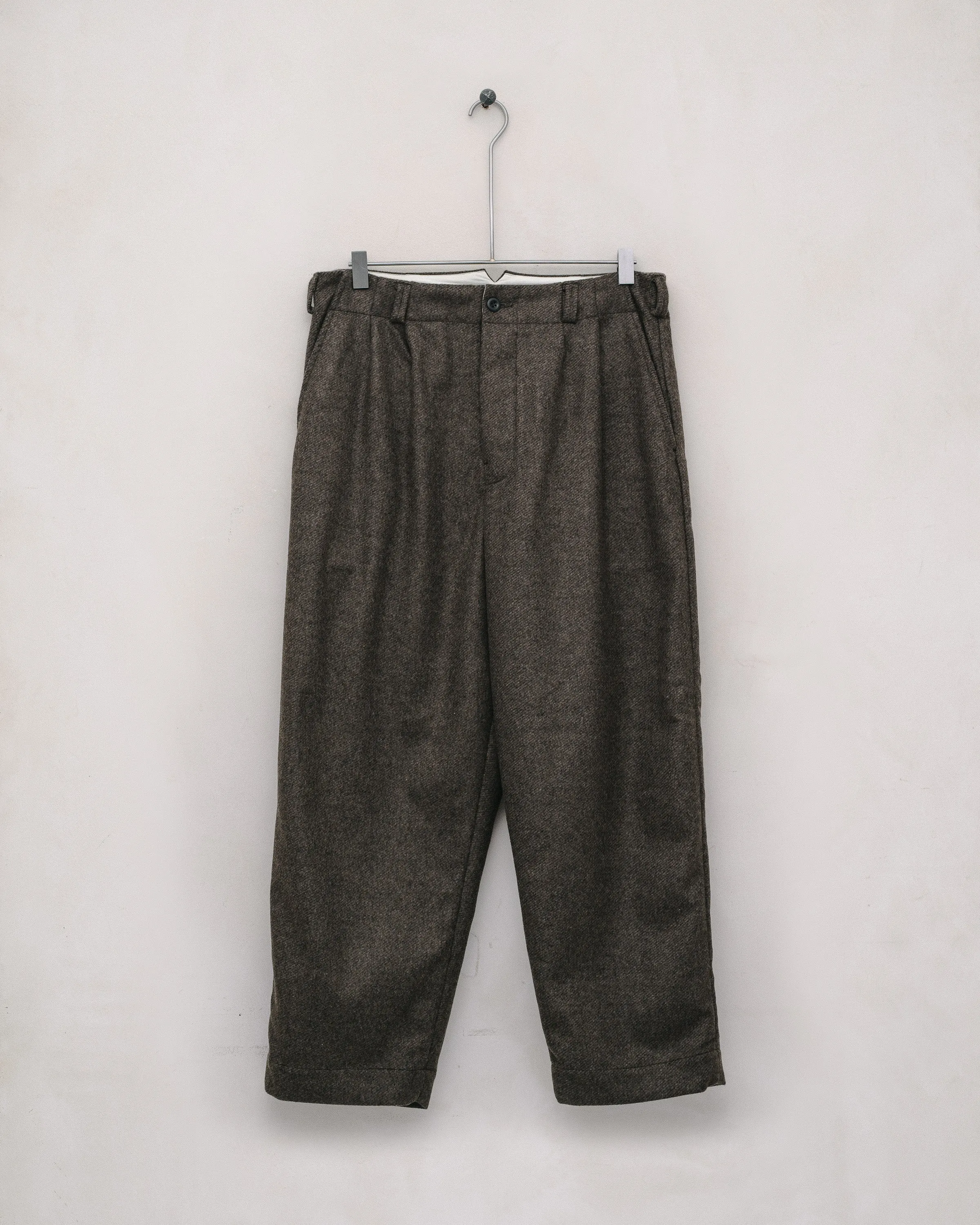 Two Pleat Pant - Brushed Cashmere/Wool Twill, Olive/Black sold by Evan Kinori Mens