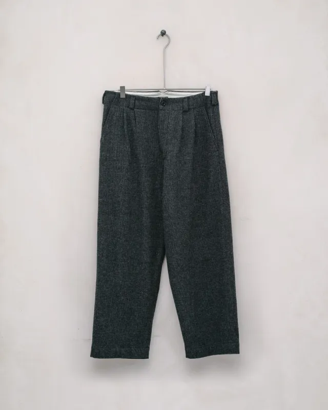 Two Pleat Pant - Brushed Wool/Cotton Houndstooth, Grey/Black sold by Evan Kinori Mens