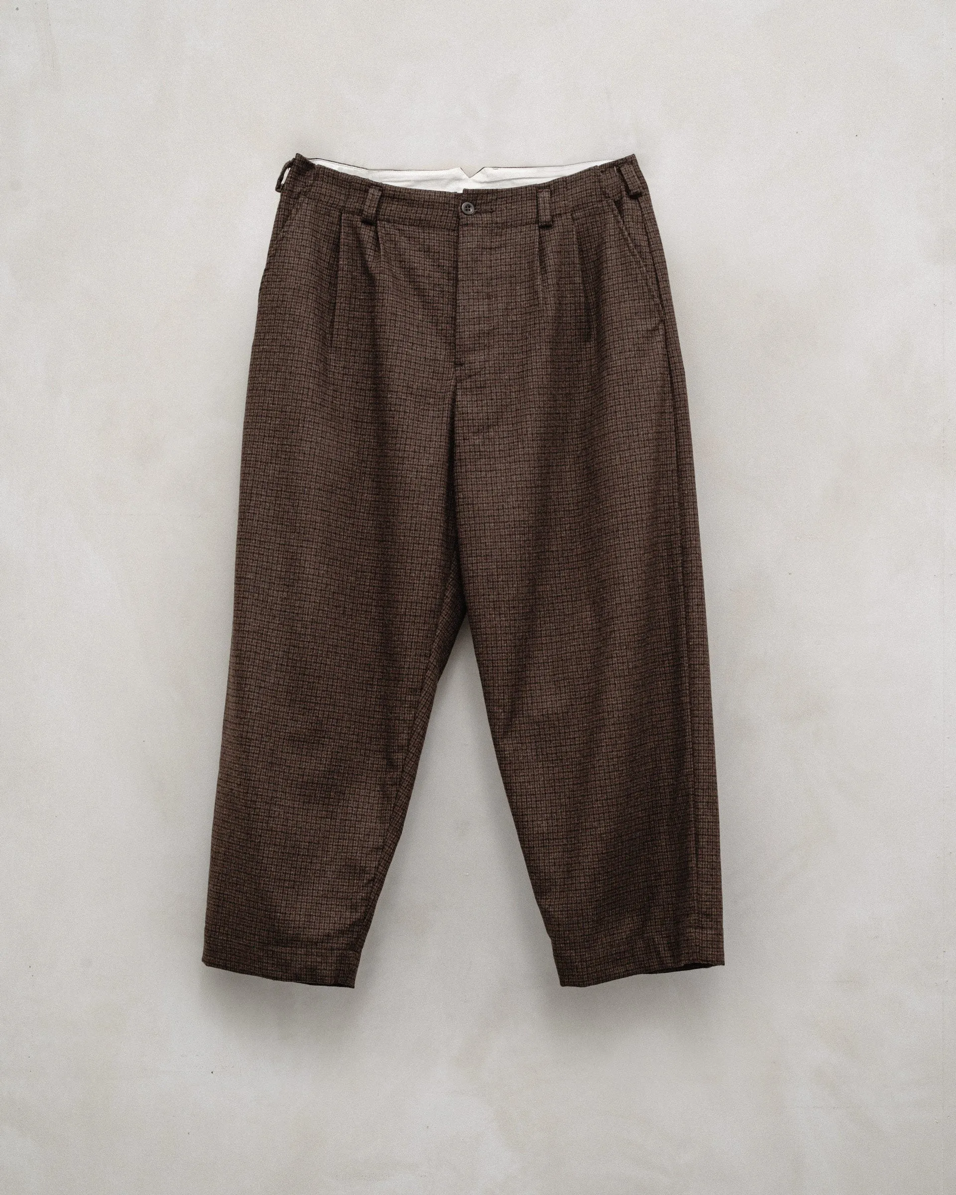 Two Pleat Pant - Fox Superfine Merino Check, Rust/Dark Brown sold by Evan Kinori Mens