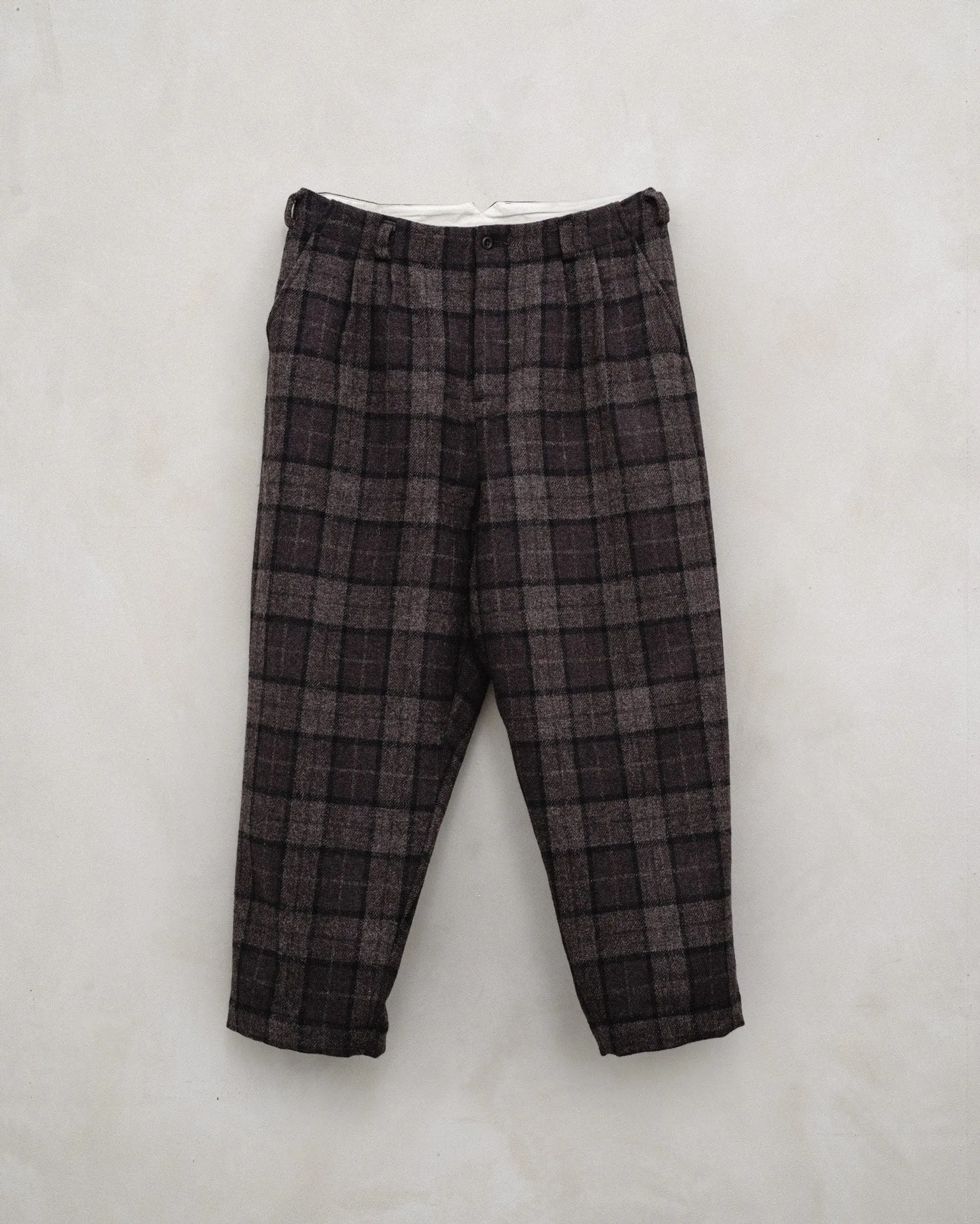 Two Pleat Pant - Fox Tweed Check, Brown/Grey/Black sold by Evan Kinori Mens