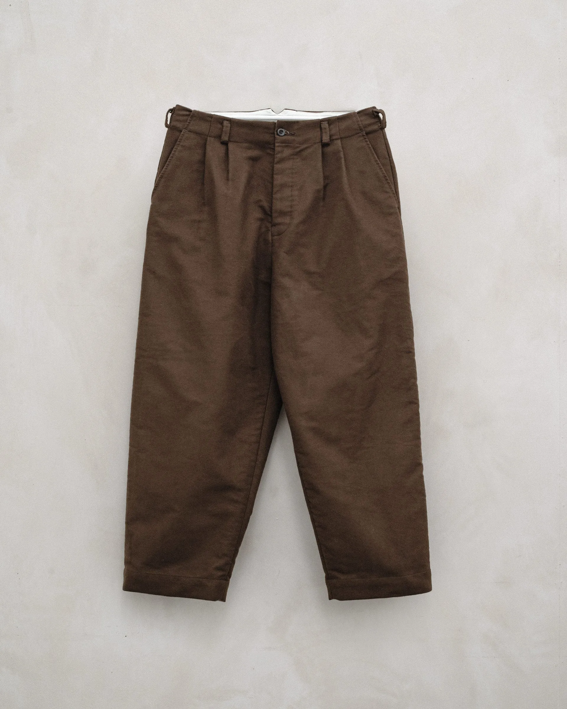 Two Pleat Pant - Organic Cotton Moleskin, Brown sold by Evan Kinori Mens