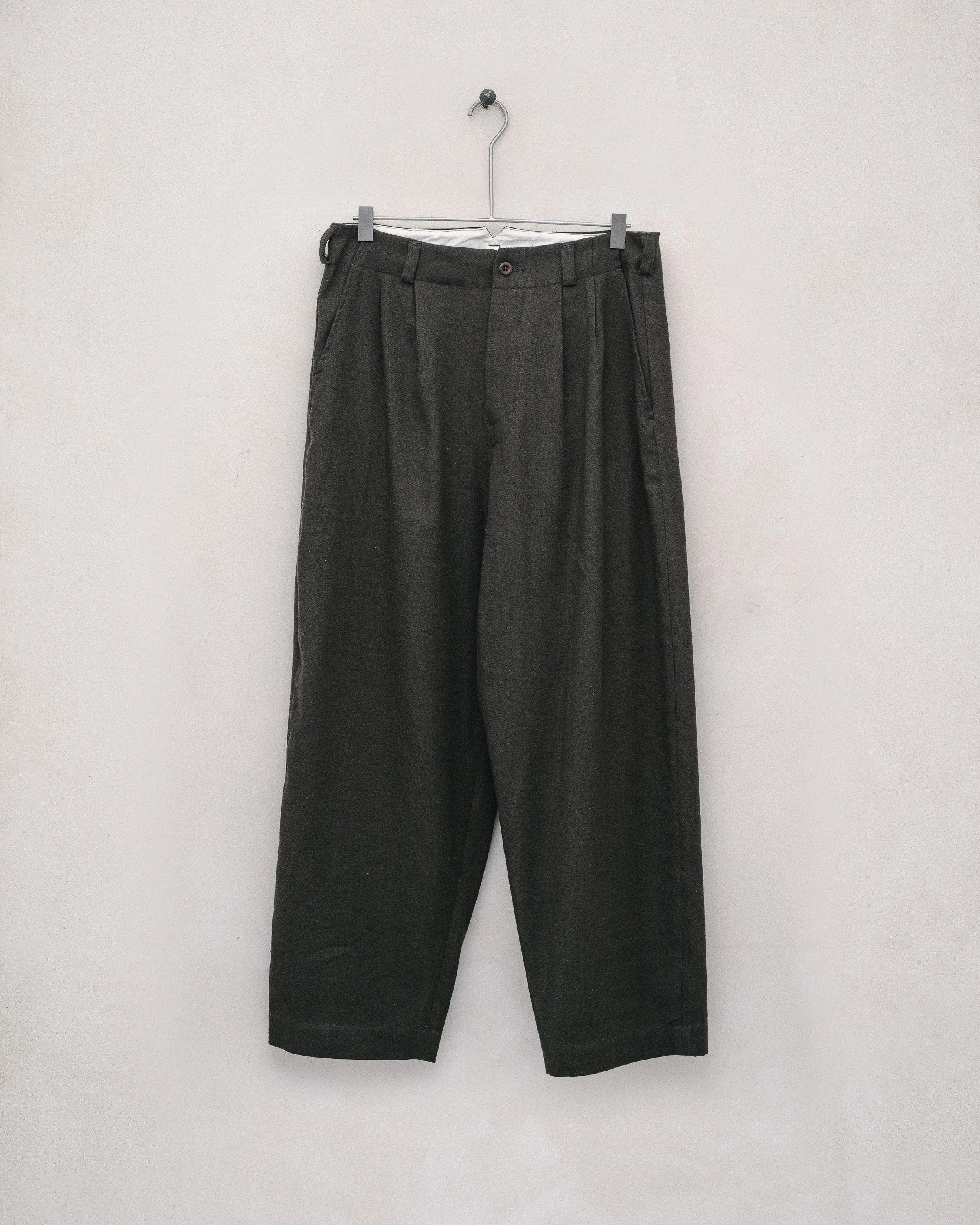 Two Pleat Pant - Silk/Wool/Linen Twill, Loden sold by Evan Kinori Mens