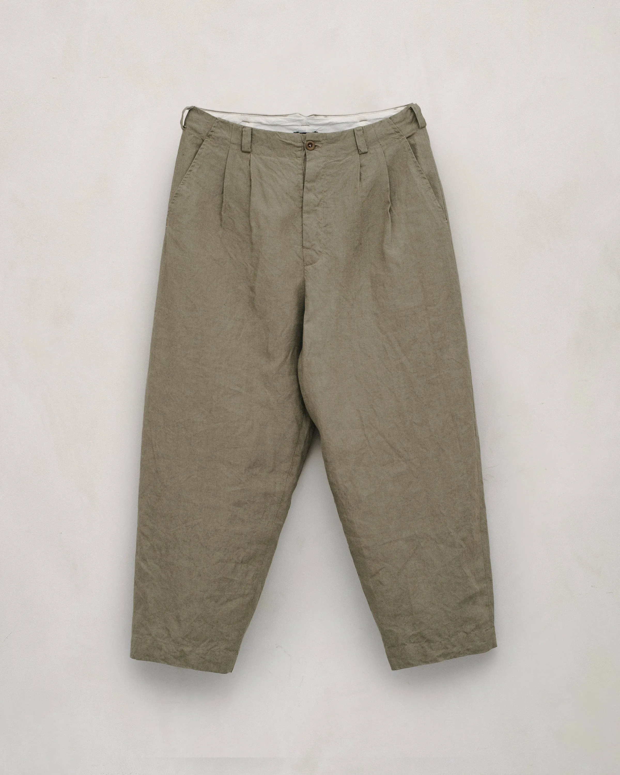 Two Pleat Pant - Tumbled Linen, Dark Beige sold by Evan Kinori Mens