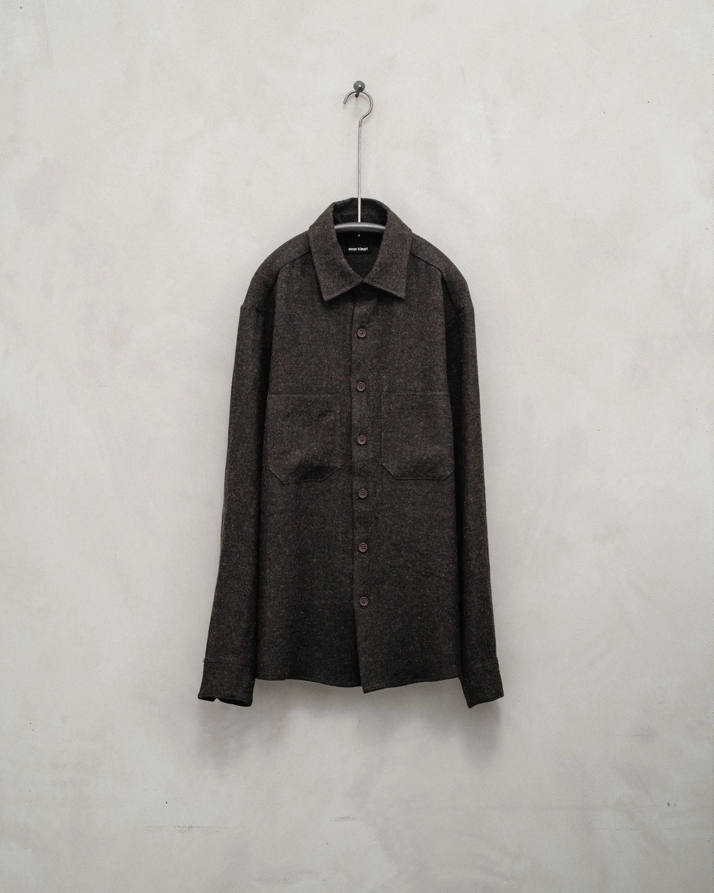 Two Pocket Shirt - Brushed Linen/Wool Twill, Dark Brown sold by Evan Kinori Mens