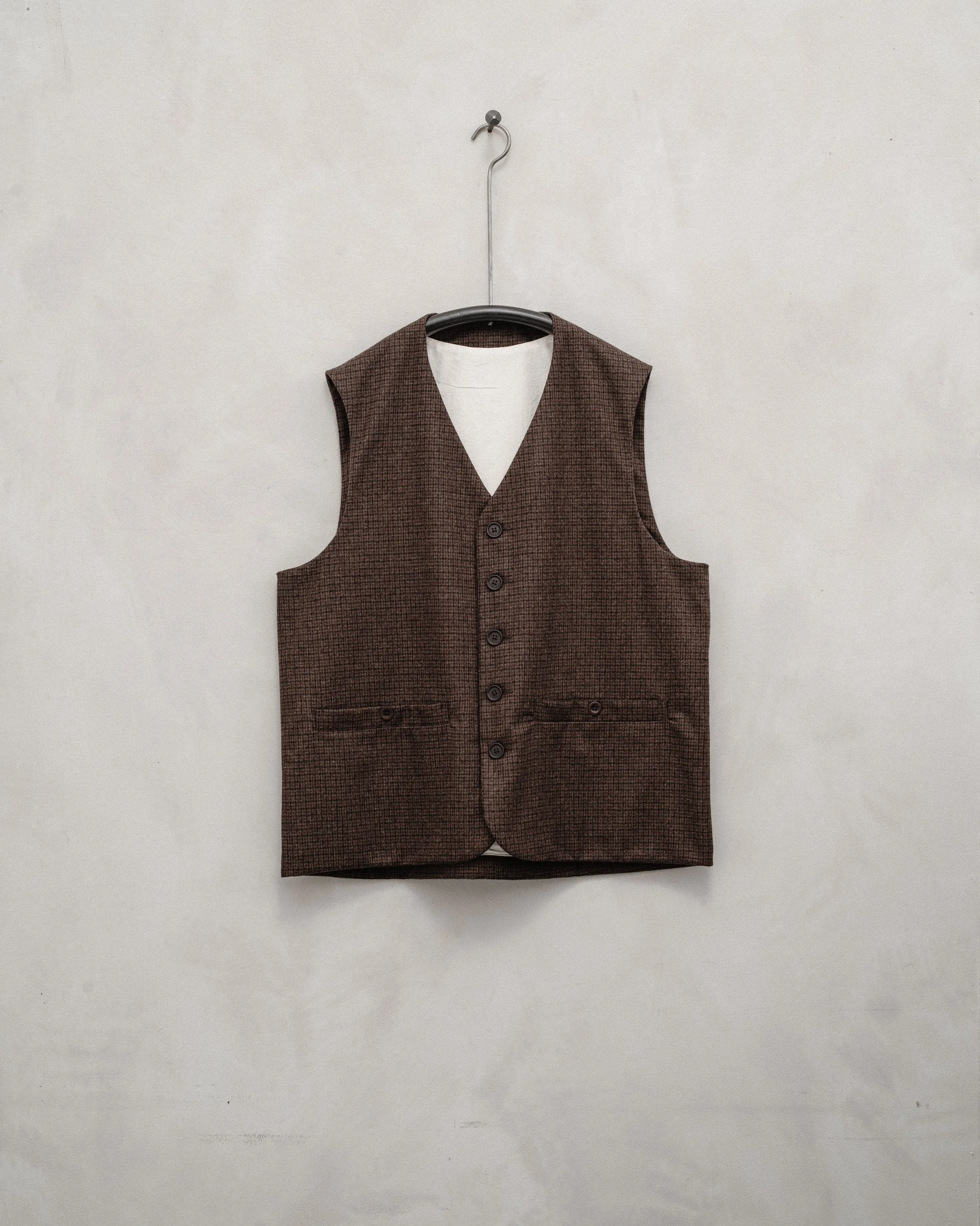 Welt Pocket Vest - Fox Superfine Merino Check, Rust/Dark Brown sold by Evan Kinori Mens