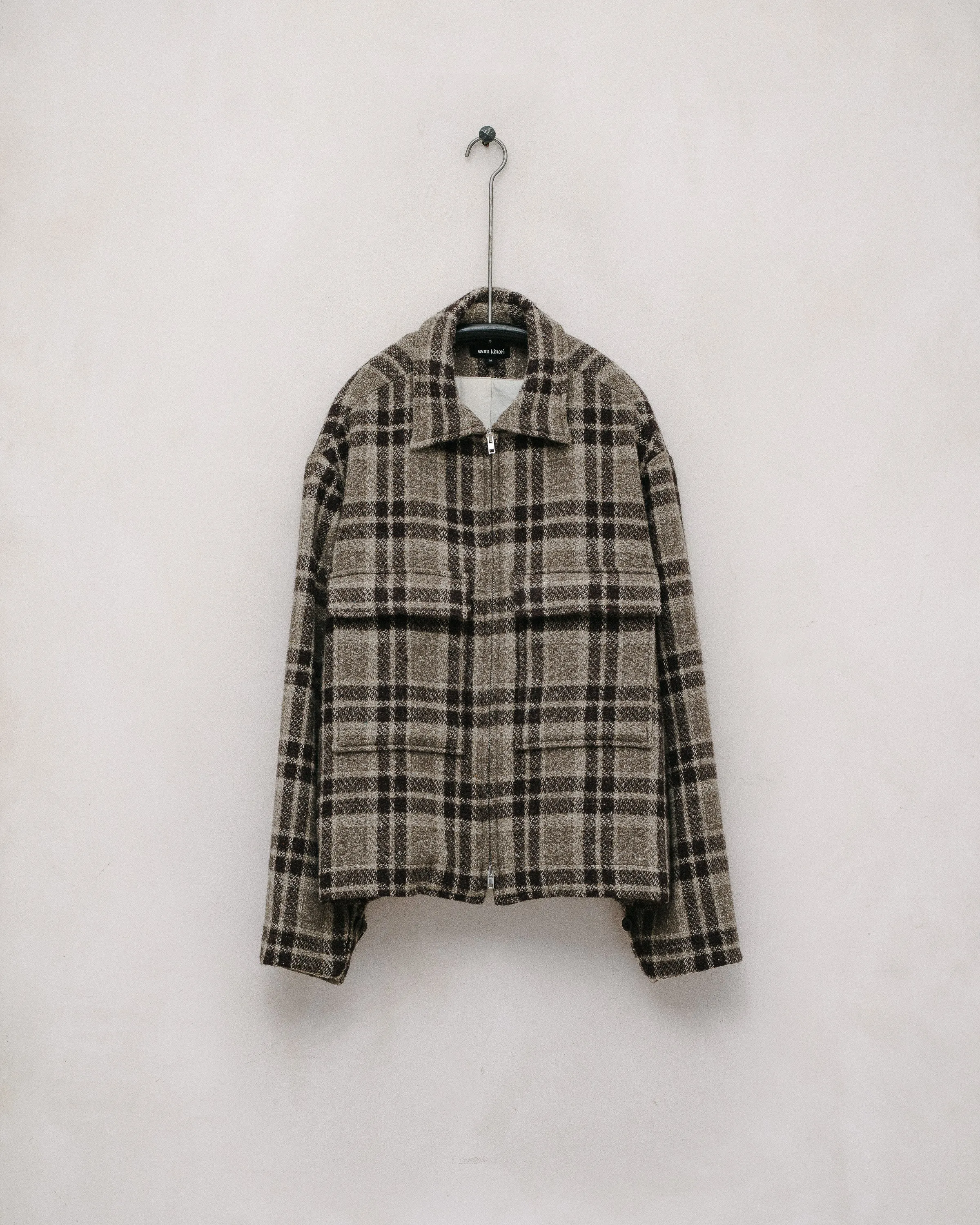 Zip Jacket - Yarn Dyed Wool Check, Beige/Brown sold by Evan Kinori Mens