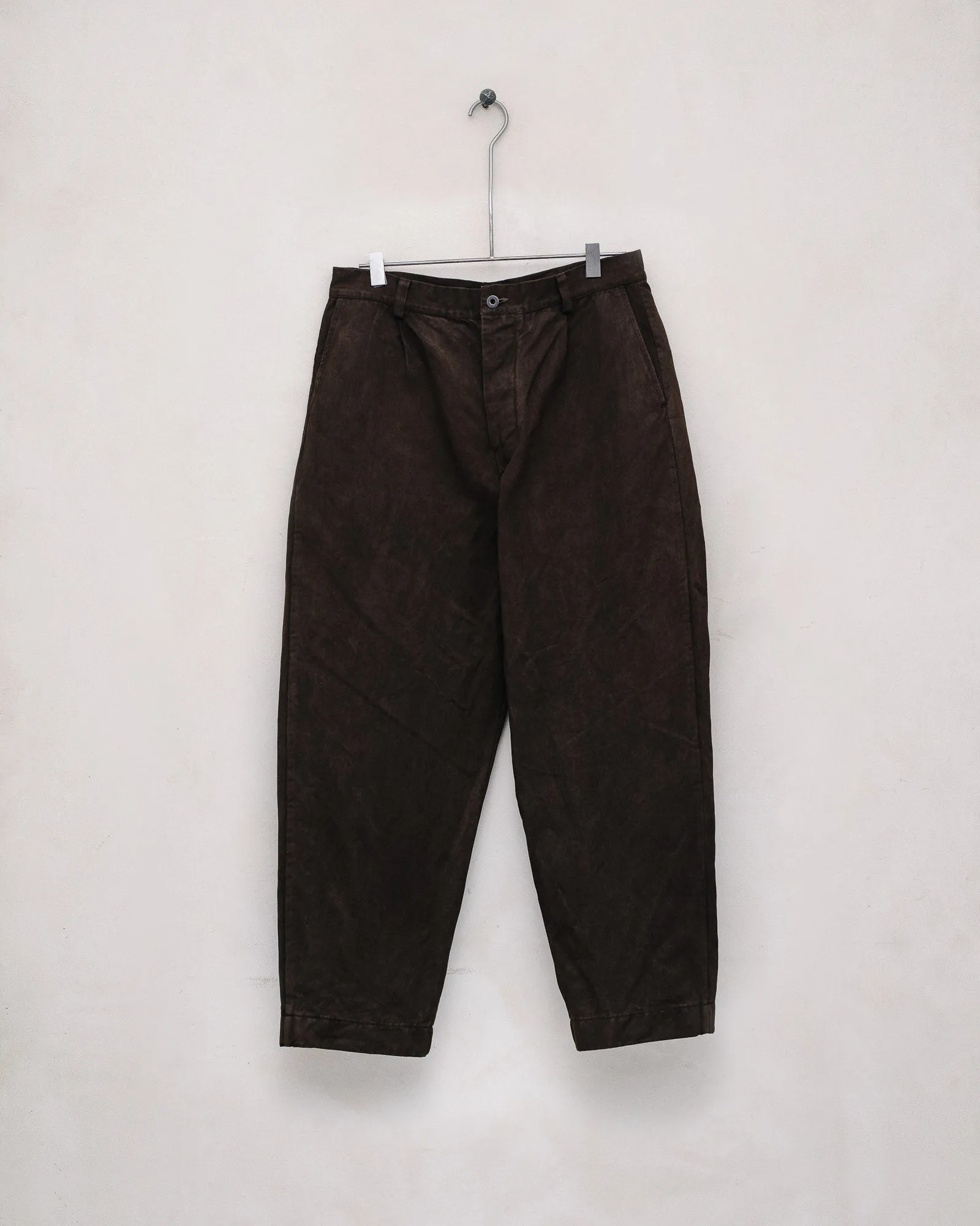 Single Pleat Pant - Washi/Cotton Twill, Natural Dye Brown (Mud Dye) sold by Evan Kinori Mens