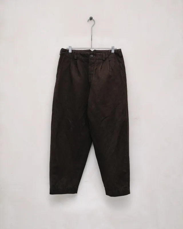 Two Pleat Pant - Washi/Cotton Twill, Natural Dye Brown (Mud Dye) sold by Evan Kinori Mens