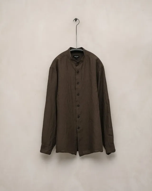 Band Collar Shirt - Yarn Dyed Linen Puppytooth, Brown sold by Evan Kinori Mens