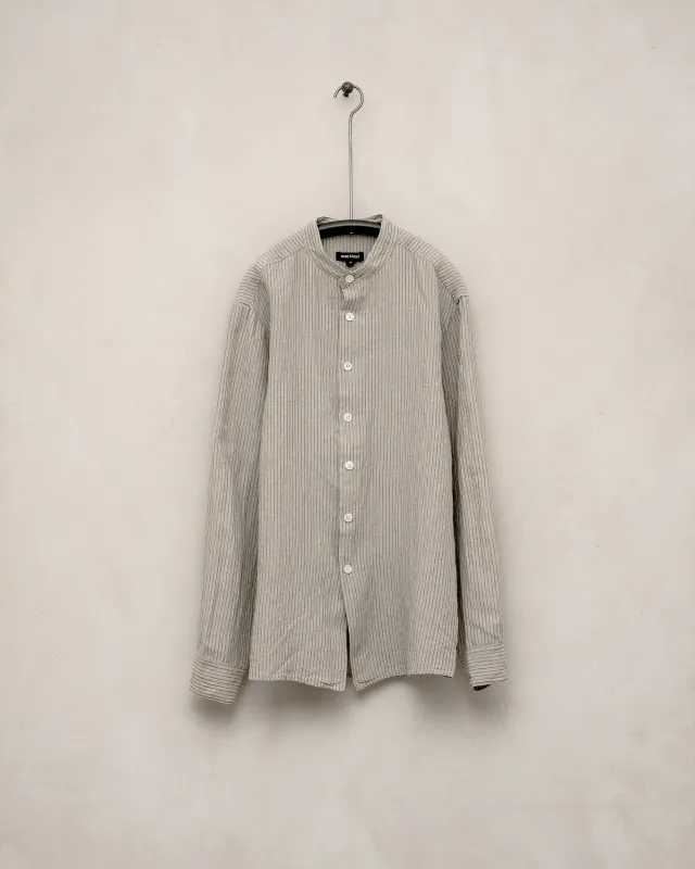 Band Collar Shirt - Yarn Dyed Linen/Cotton Stripe, Natural/Brown sold by Evan Kinori Mens