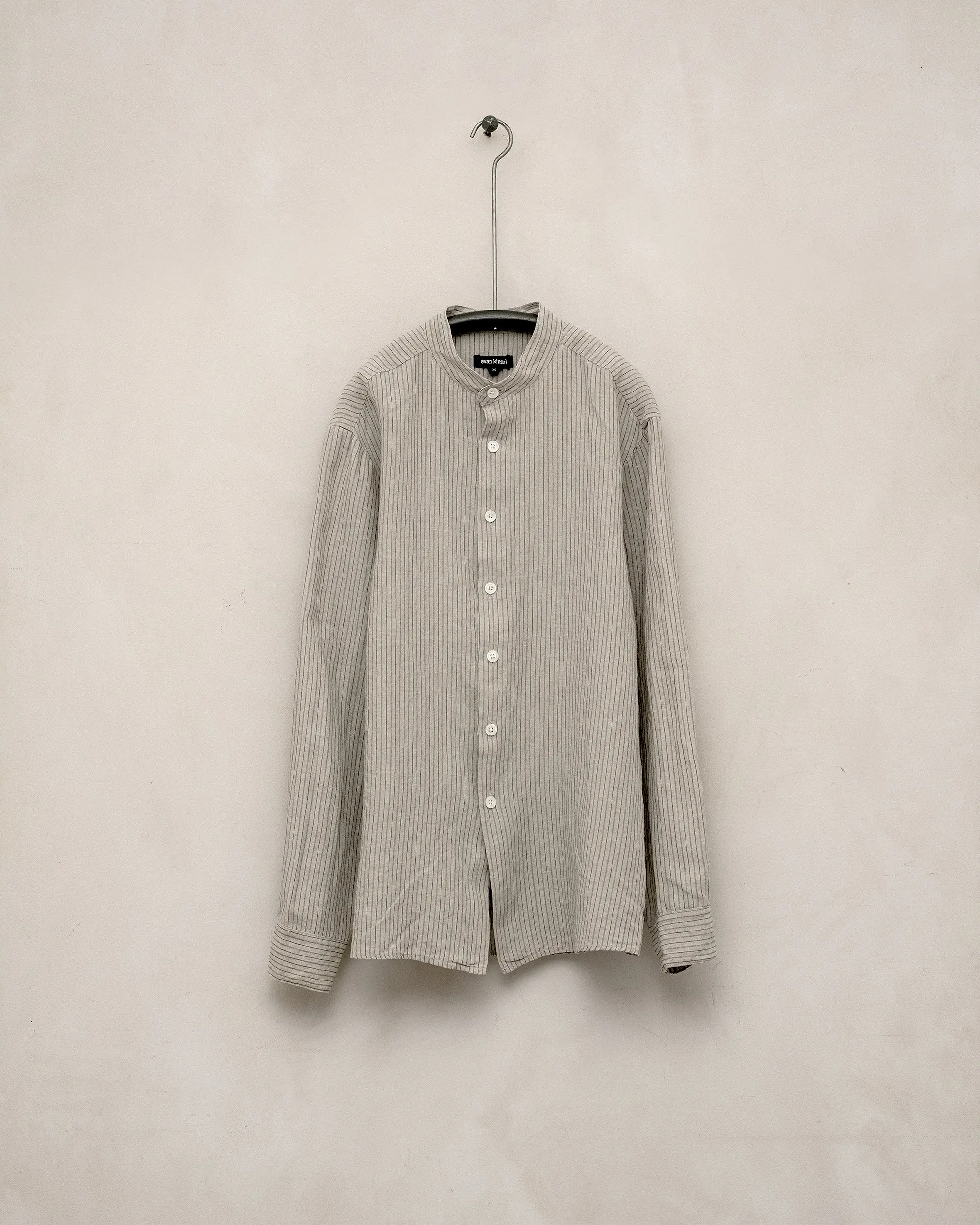 Band Collar Shirt - Yarn Dyed Linen/Cotton Stripe, Natural/Brown sold by Evan Kinori Mens