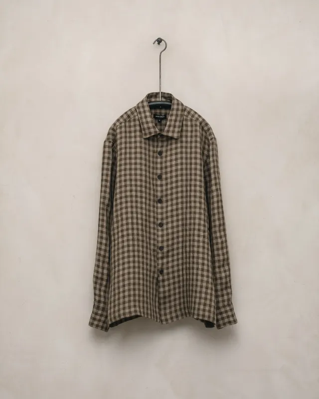 Flat Hem Shirt - Yarn Dyed Linen Check, Beige/Brown sold by Evan Kinori