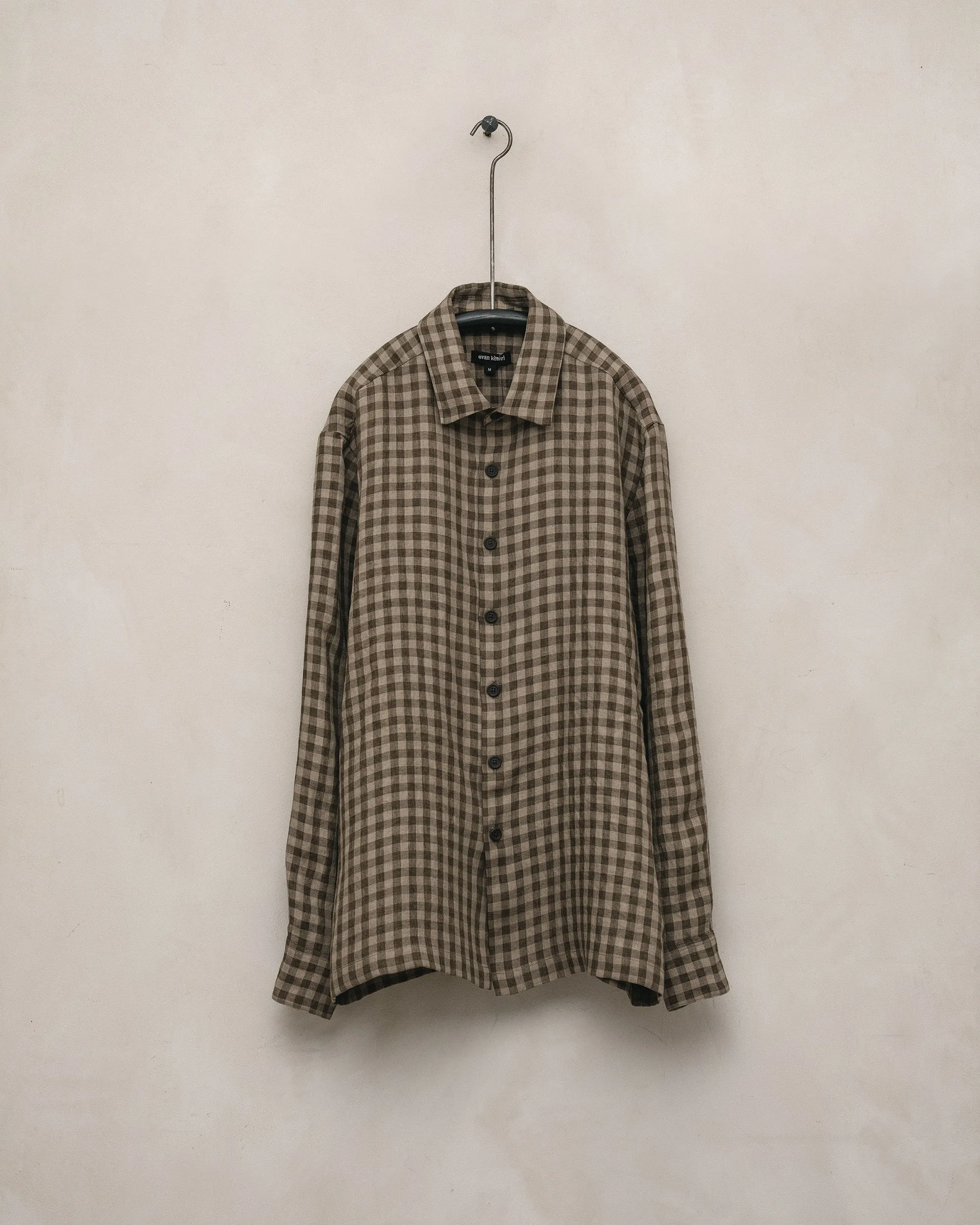 Flat Hem Shirt - Yarn Dyed Linen Check, Beige/Brown sold by Evan Kinori