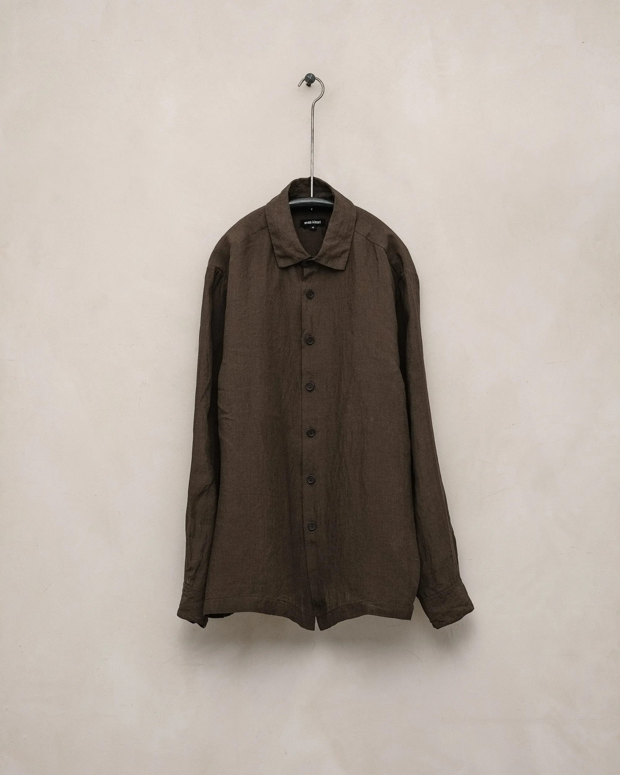 Flat Hem Shirt - Yarn Dyed Linen Puppytooth, Brown sold by Evan Kinori Mens