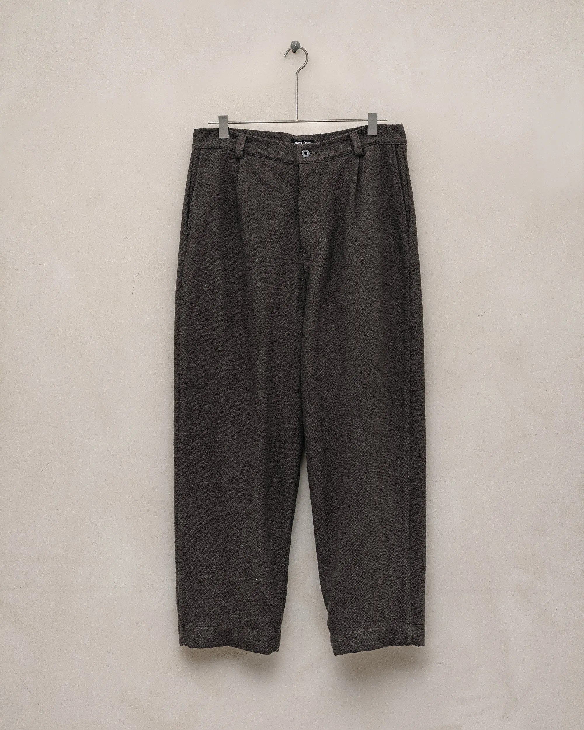 Single Pleat Pant - Raw Silk Noil, Charcoal sold by Evan Kinori Mens